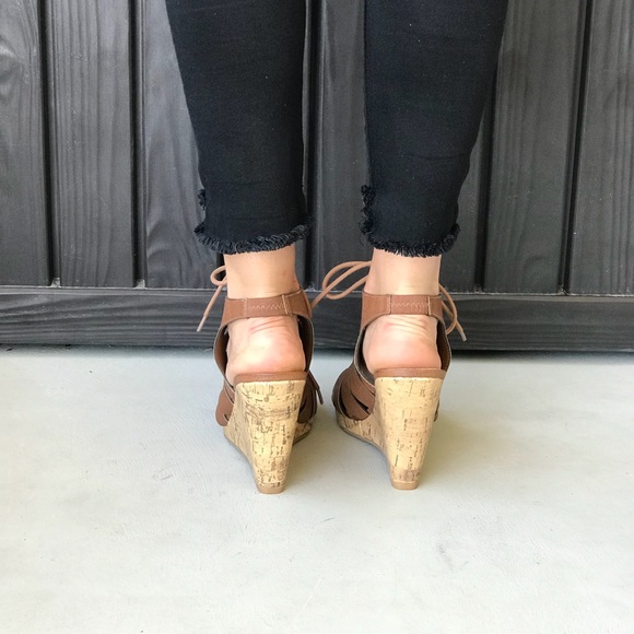 Cognac LaceUp Laser Cut Cork Platform Wedge Sandal - Picture 6 of 8